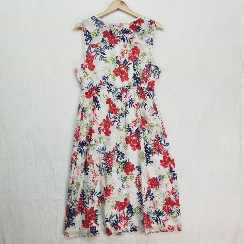 Eddie Bauer Sleeveless Dress Womens 8 White Red Blue Green Floral 100%‎ Cotton - Picture 2 of 13
